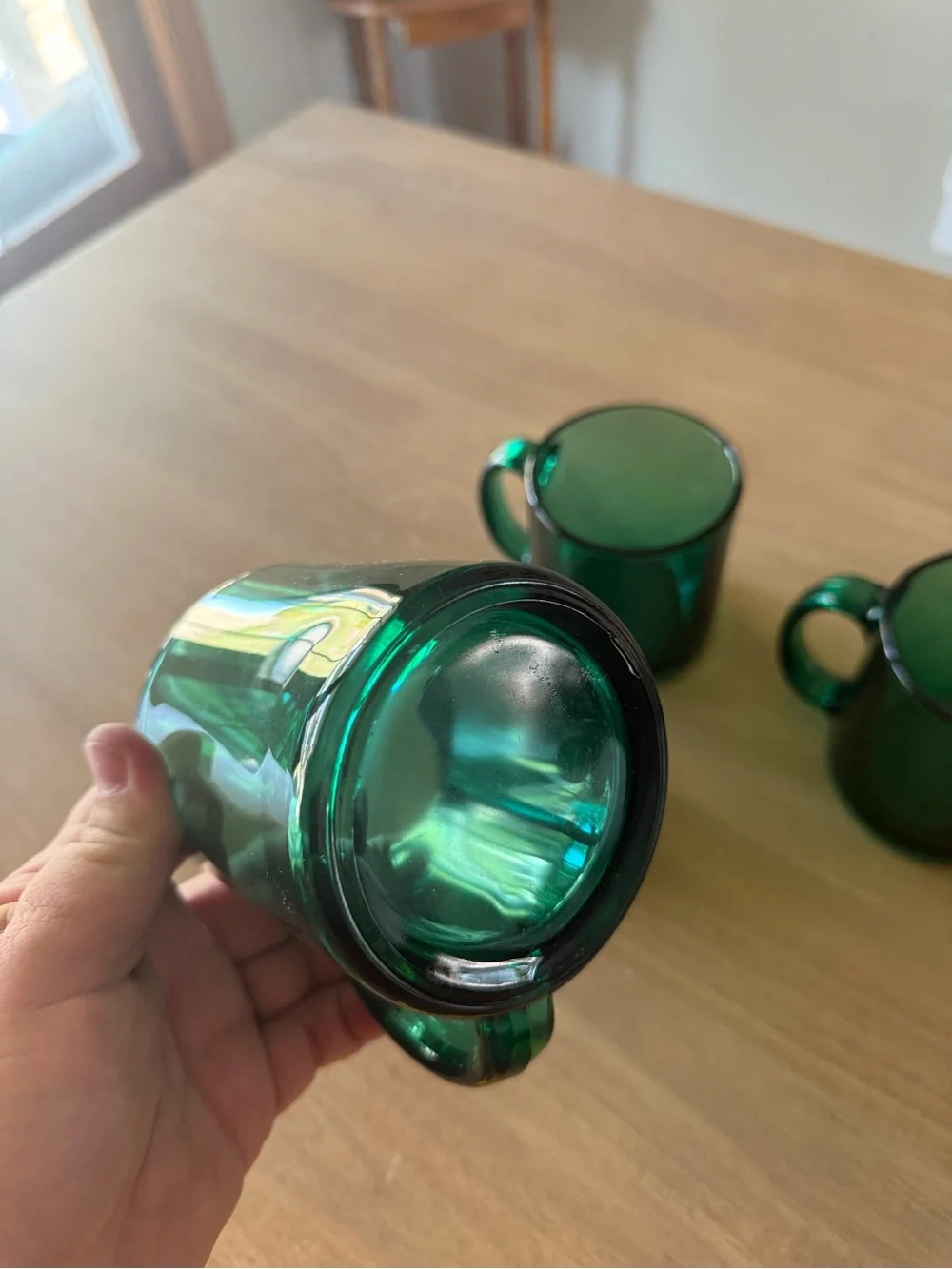 Vintage MCM emerald glass clear glass mugs (set of 6)